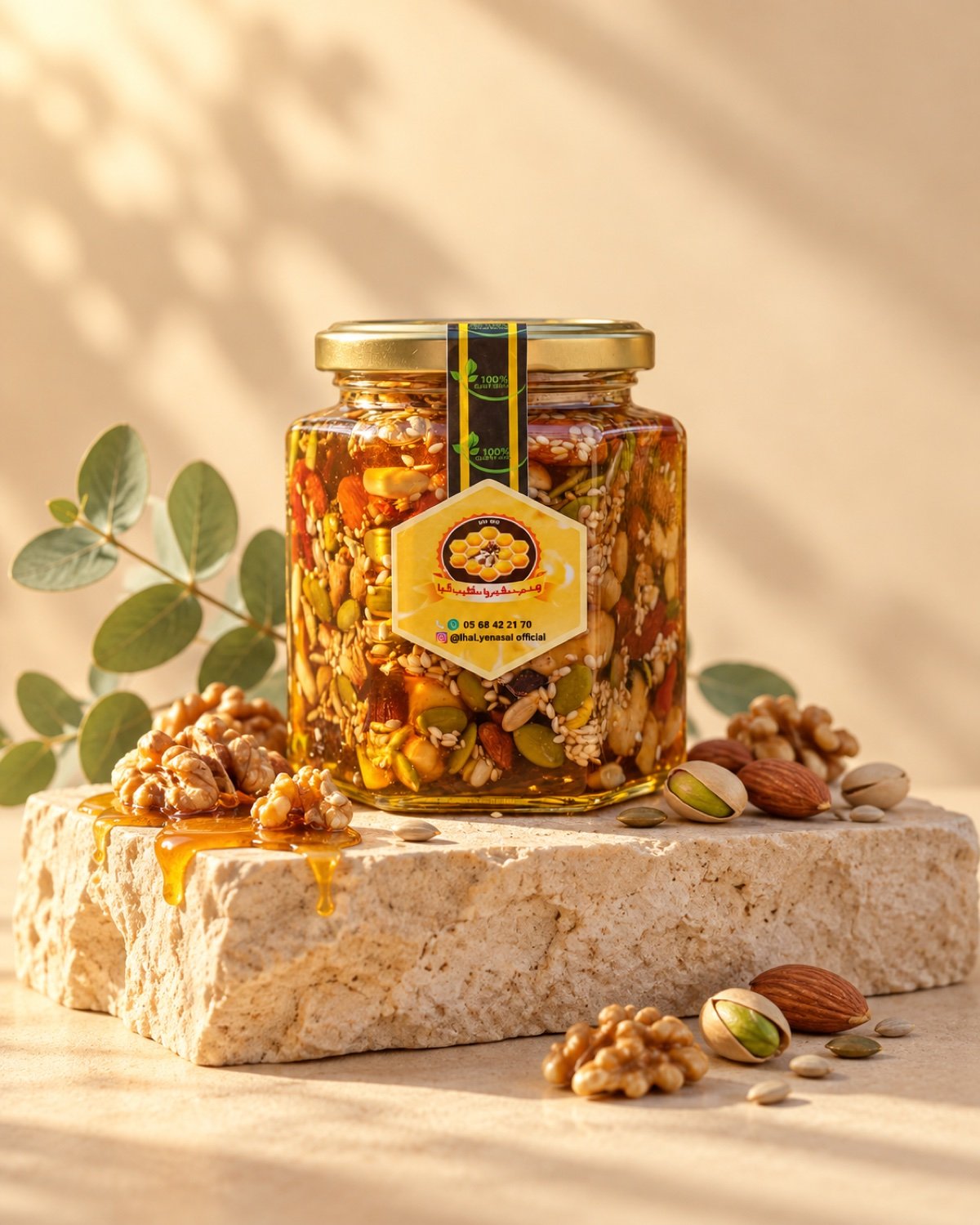 برطمان عسل يوسف بالمكسرات في ضوء ذهبي